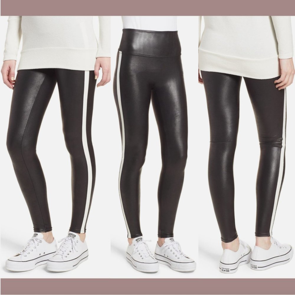 NWT $110 Spanx Side Stripe Faux Leather Leggings in Black White [ SZ Small #6119